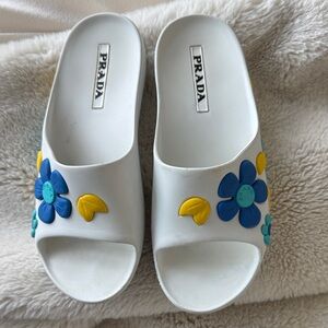 Prada White Slides with Blue and Yellow Floral Design